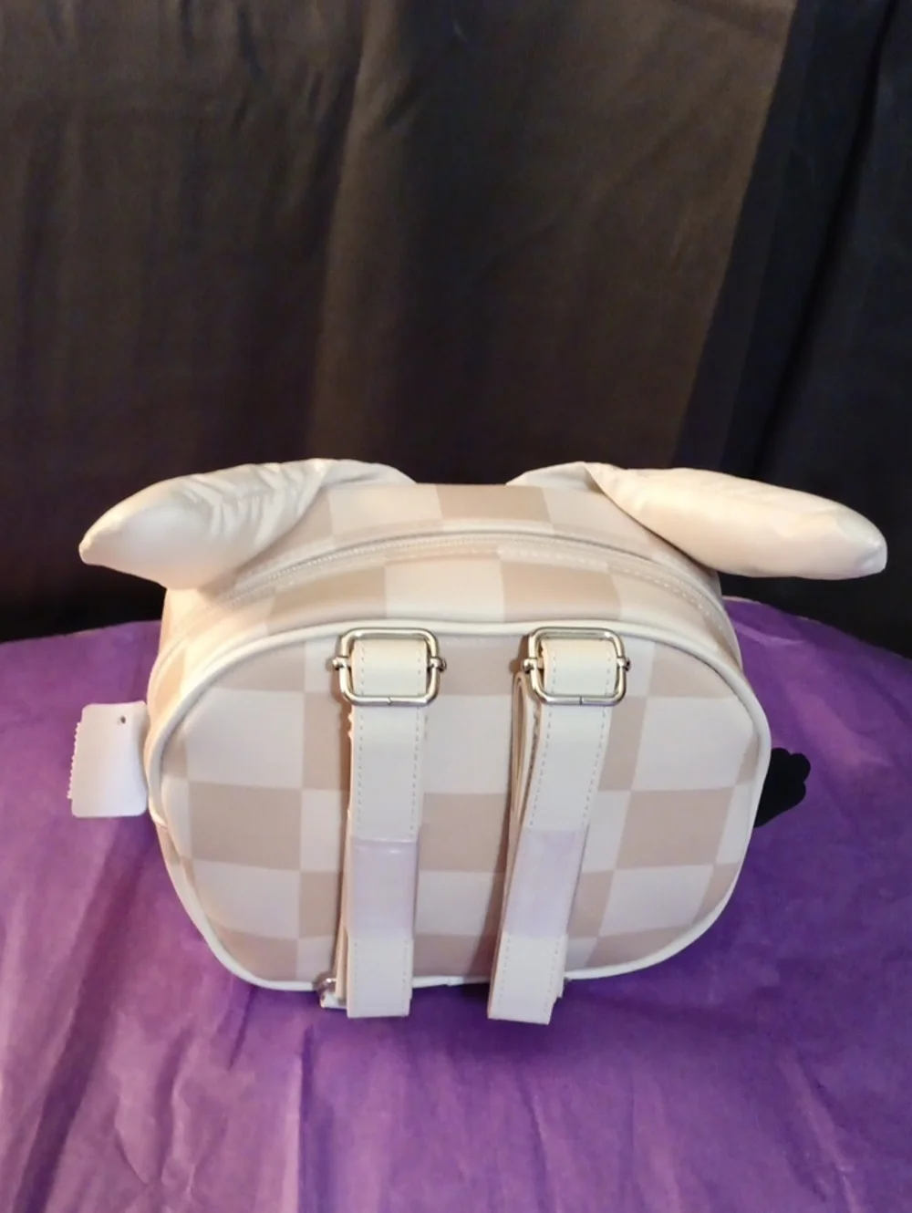 Cute Beige Checkered Dog Face Plush MINI Backpack